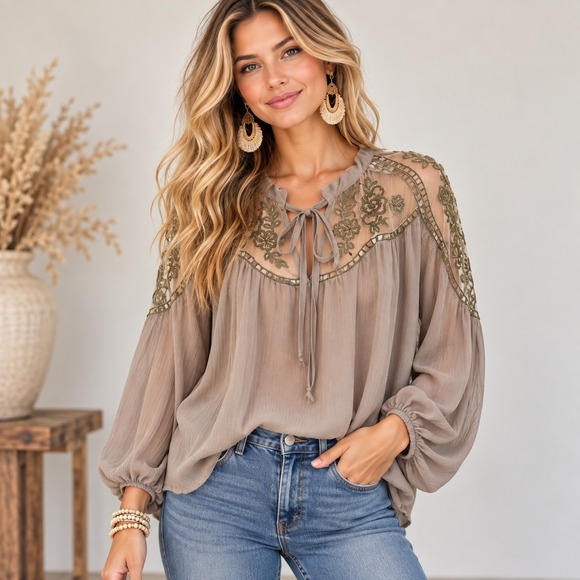 Hayden Los Angeles Tops - Hayden Los Angeles Taupe Embroidered Boho Tie Neck Oversized Flowy Blouse S/M